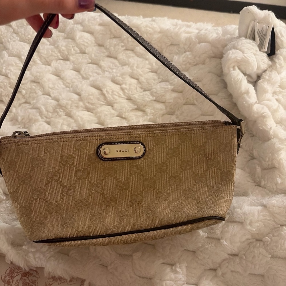 Gucci Beige Monogram Wristlet Clutch with Brown Trim